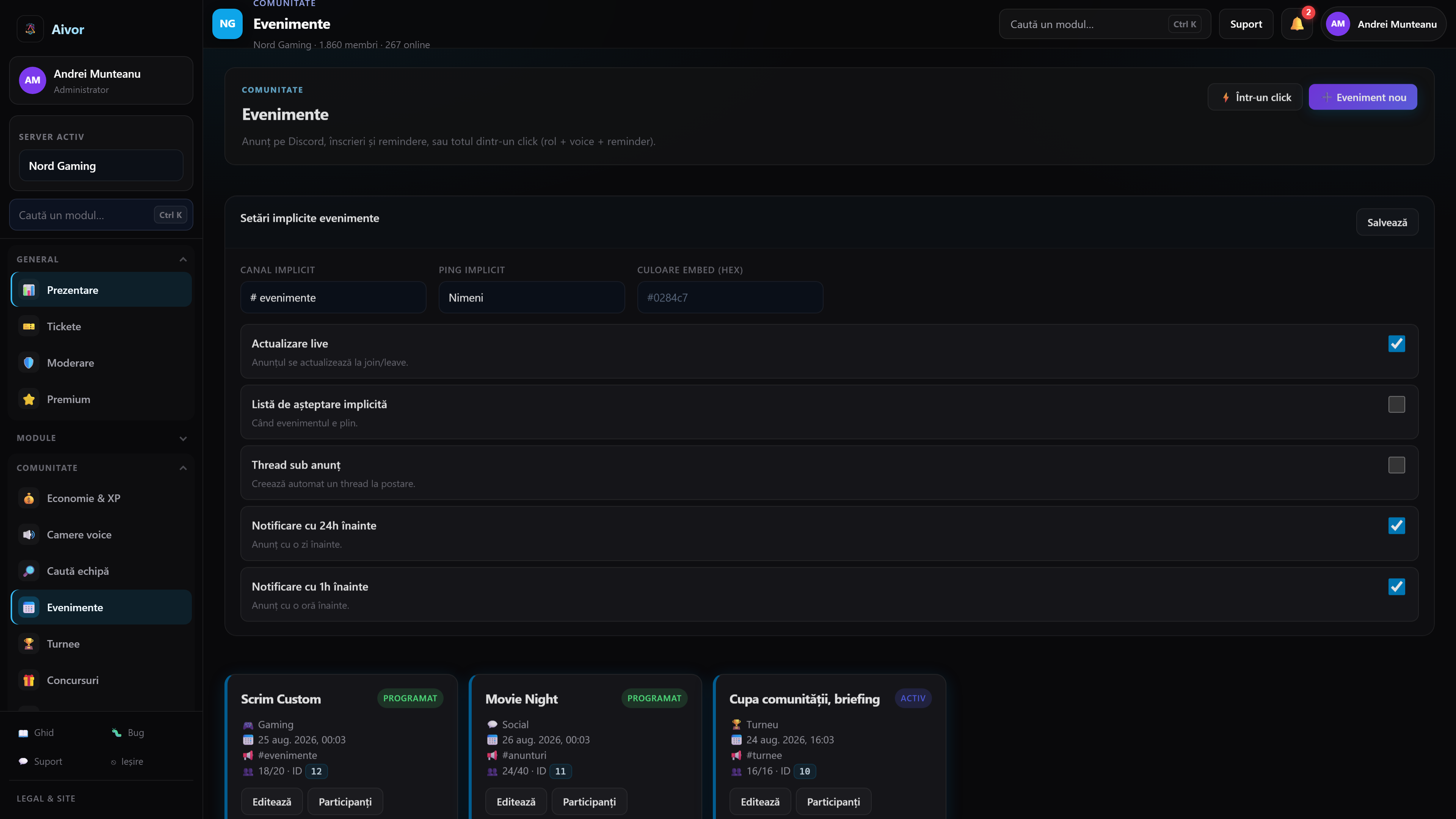 Dashboard Aivor, evenimente