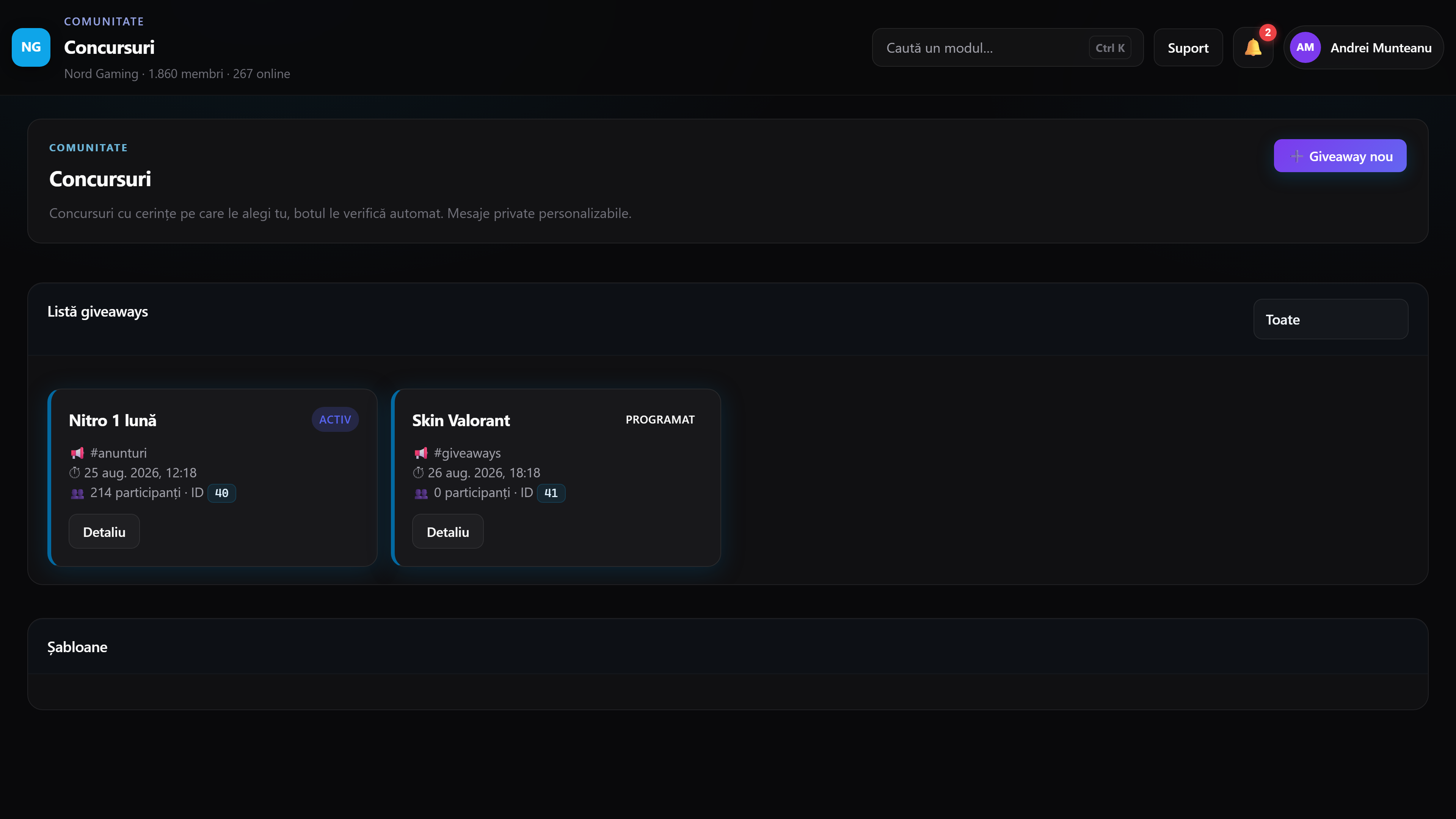 Dashboard Aivor, concursuri
